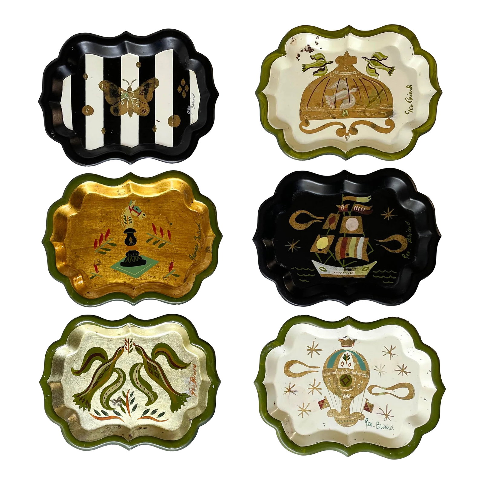 Set of 6 Georges Briard Small Trays - Hand Painted and Gilt Highlights: Hand painted mid century detail at its best, this hand signed tray set is perfect for your cocktail table. Condition: Alterations: Original Condition Unaltered Imperfections: Some Imperfections