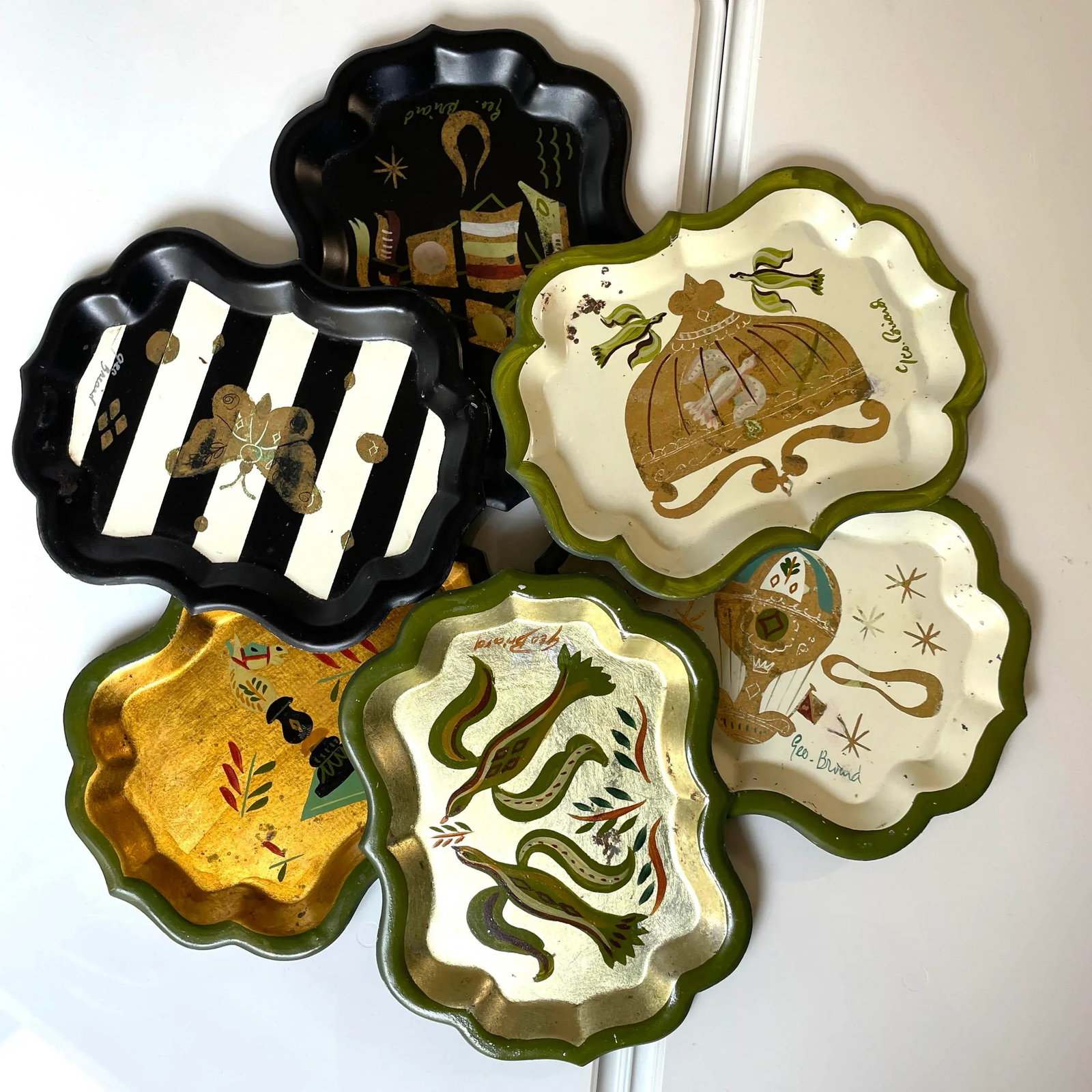 Set of 6 Georges Briard Small Trays - Hand Painted and Gilt Highlights - 8