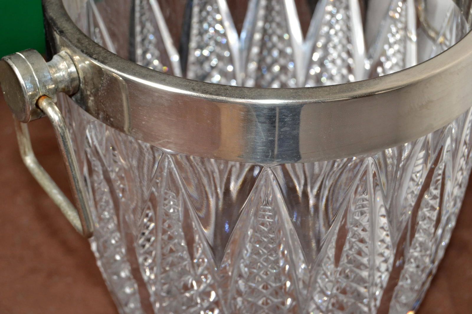 Art Deco French 1940 Silver Plate Heavy Cut Crystal Champagne Wine Cooler Bucket - 11