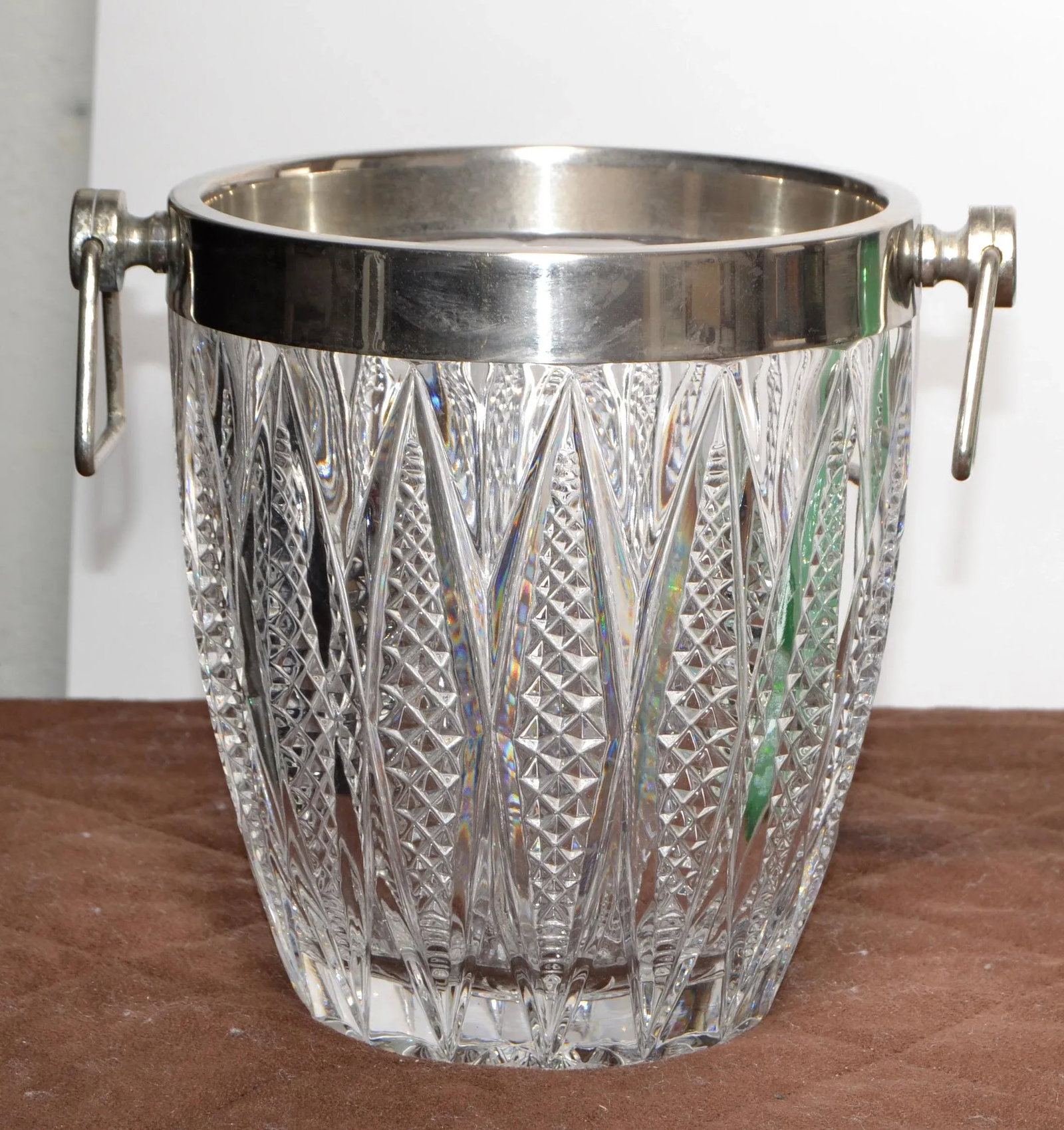 Art Deco French 1940 Silver Plate Heavy Cut Crystal Champagne Wine Cooler Bucket - 12