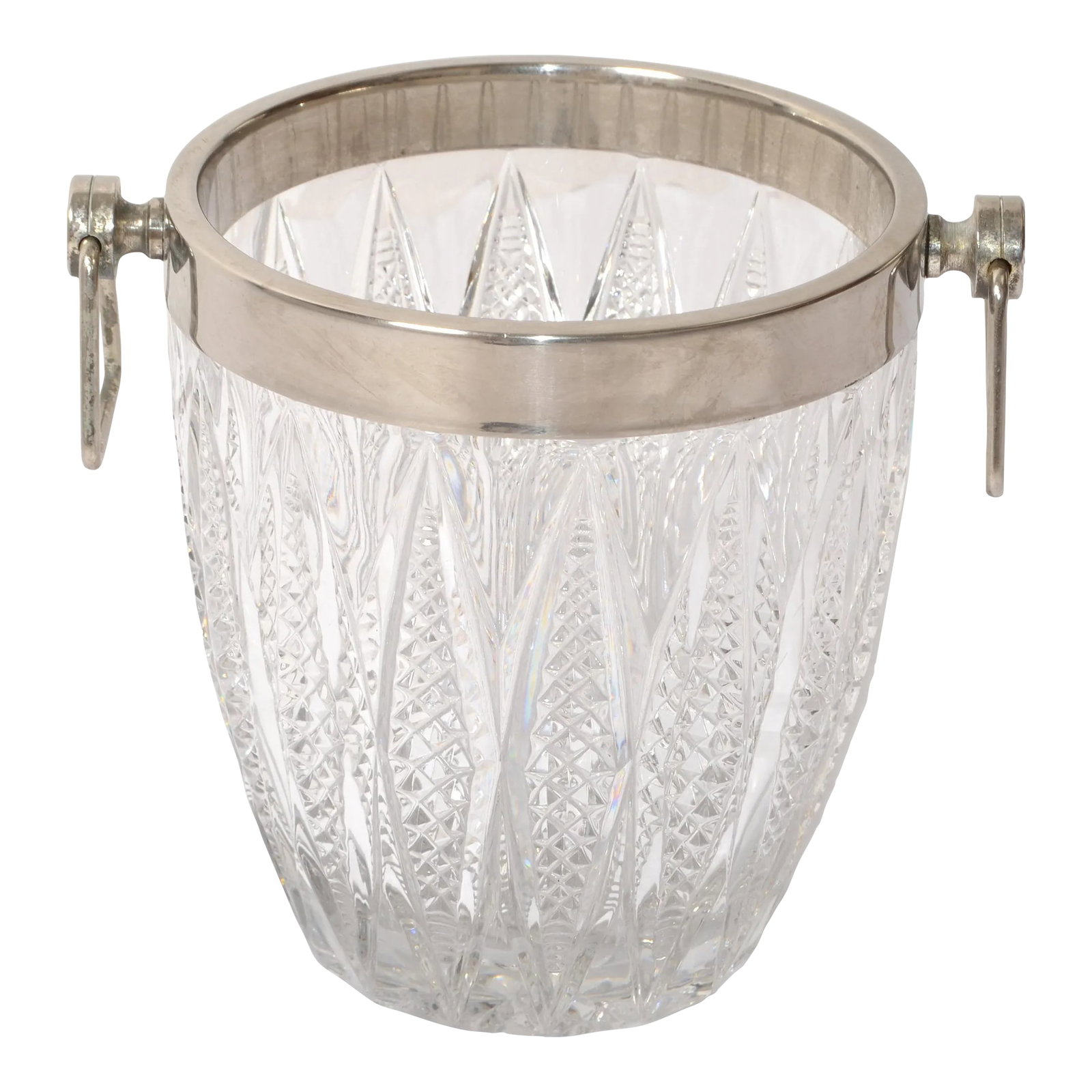 Art Deco French 1940 Silver Plate Heavy Cut Crystal Champagne Wine Cooler Bucket: French Art Deco Baccarat Style elegant and very fine Silver plated over Nickel Top Rim with Handles and diamond cut lead crystal ice, wine or champagne bucket. The Base has a crystal cut starburst dec