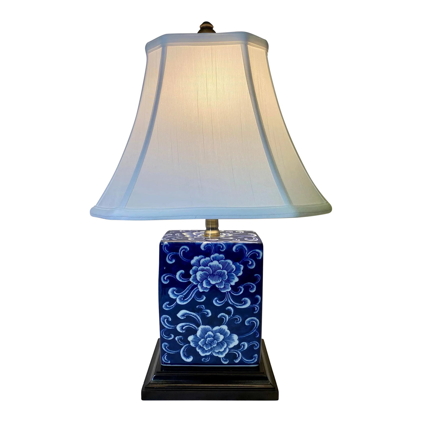 Blue and White Porcelain Box Table Lamp With a Delicate Peony Floral Pattern on a Wooden Base and Wh: Blue and White Porcelain Box Table Lamp With a Delicate Peony Floral Pattern on a Wooden Base and White Lamp Shade. Hand-painted. Overall Measurement- 12" W x 8" D x 20" T Base Measures 7 1/8" W x 5