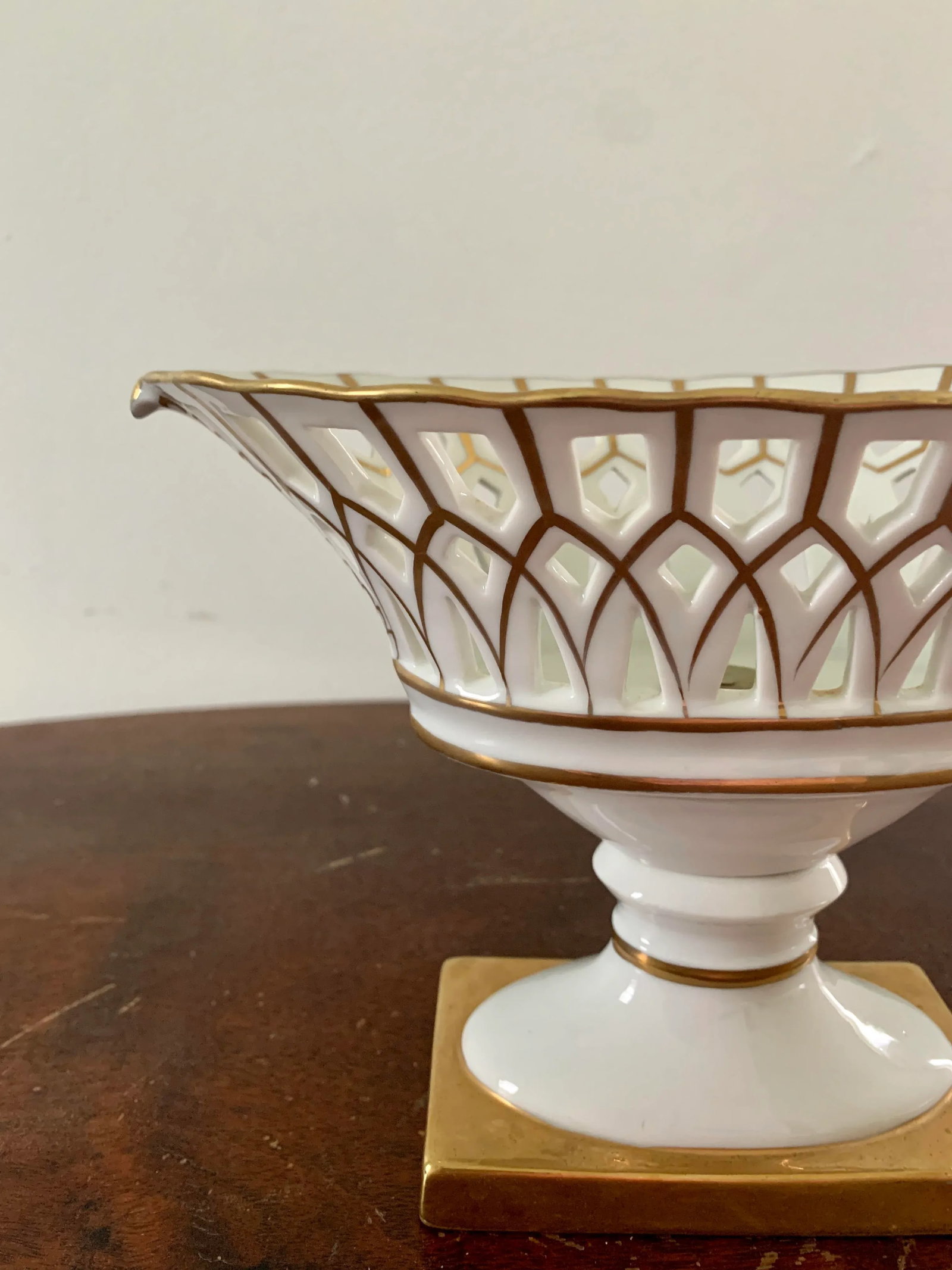 Reticulated Regency White Porcelain and Gold Gilt Basket Compote - 2