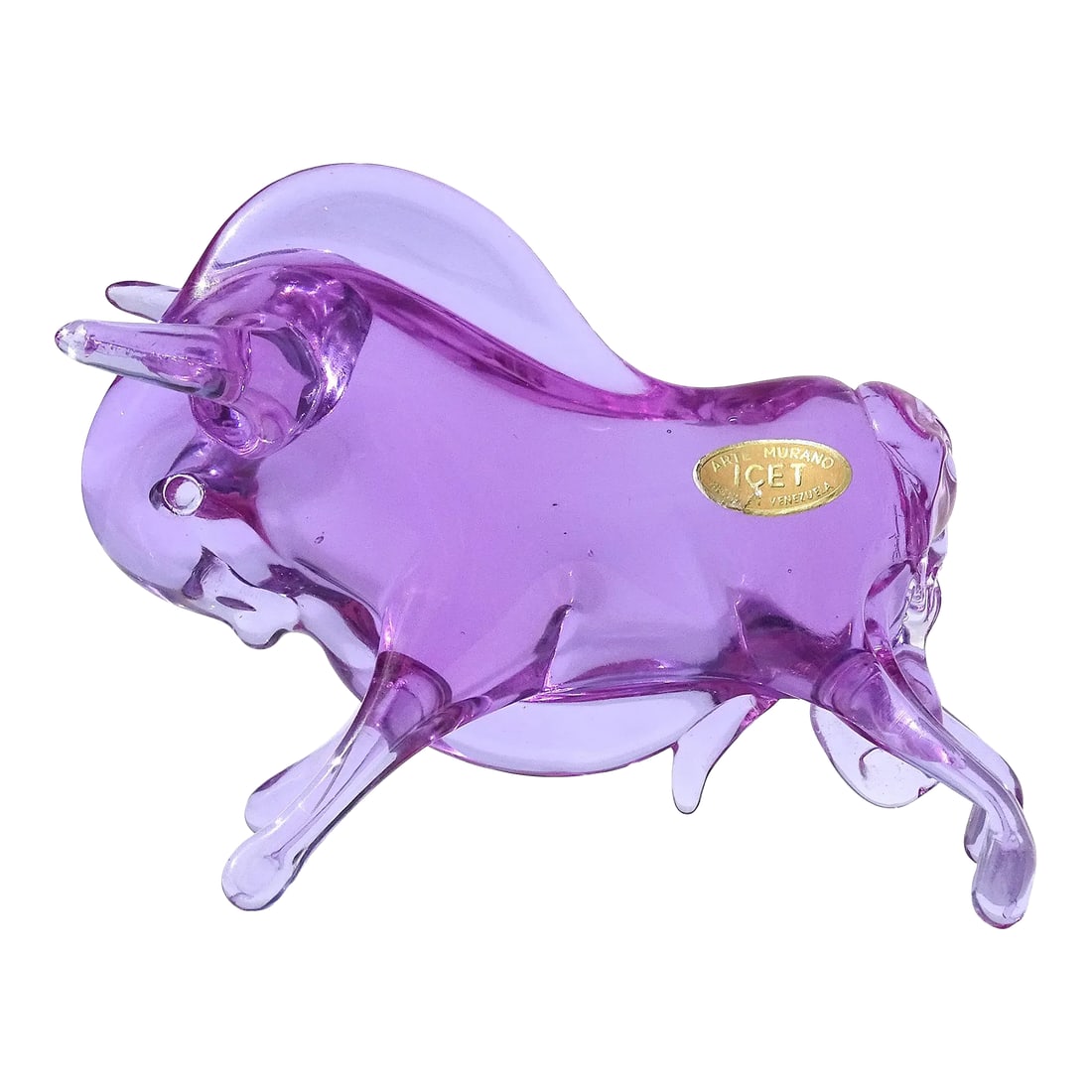 Icet Murano Vintage Sommerso Alexandrite Purple Blue Italian Art Glass Long Horn Bull Bison Figurine: Beautiful vintage ICET Arte Murano hand blown Sommerso purple to ice blue art glass long horn bull or bison sculpture / figurine. The piece has an original "Arte Murano ICET Hecho En Venezuela" label 