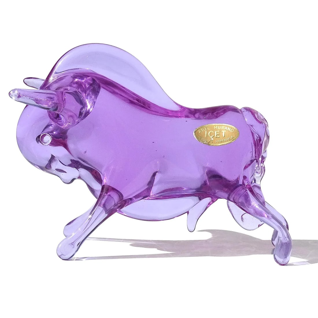 Icet Murano Vintage Sommerso Alexandrite Purple Blue Italian Art Glass Long Horn Bull Bison Figurine - 3