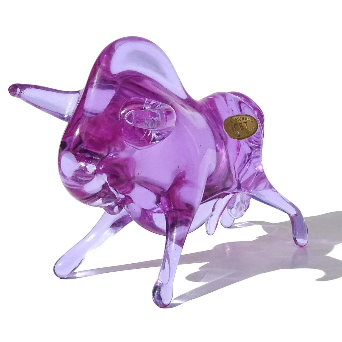Icet Murano Vintage Sommerso Alexandrite Purple Blue Italian Art Glass Long Horn Bull Bison Figurine - 4