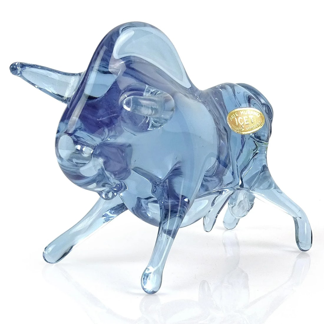 Icet Murano Vintage Sommerso Alexandrite Purple Blue Italian Art Glass Long Horn Bull Bison Figurine - 5