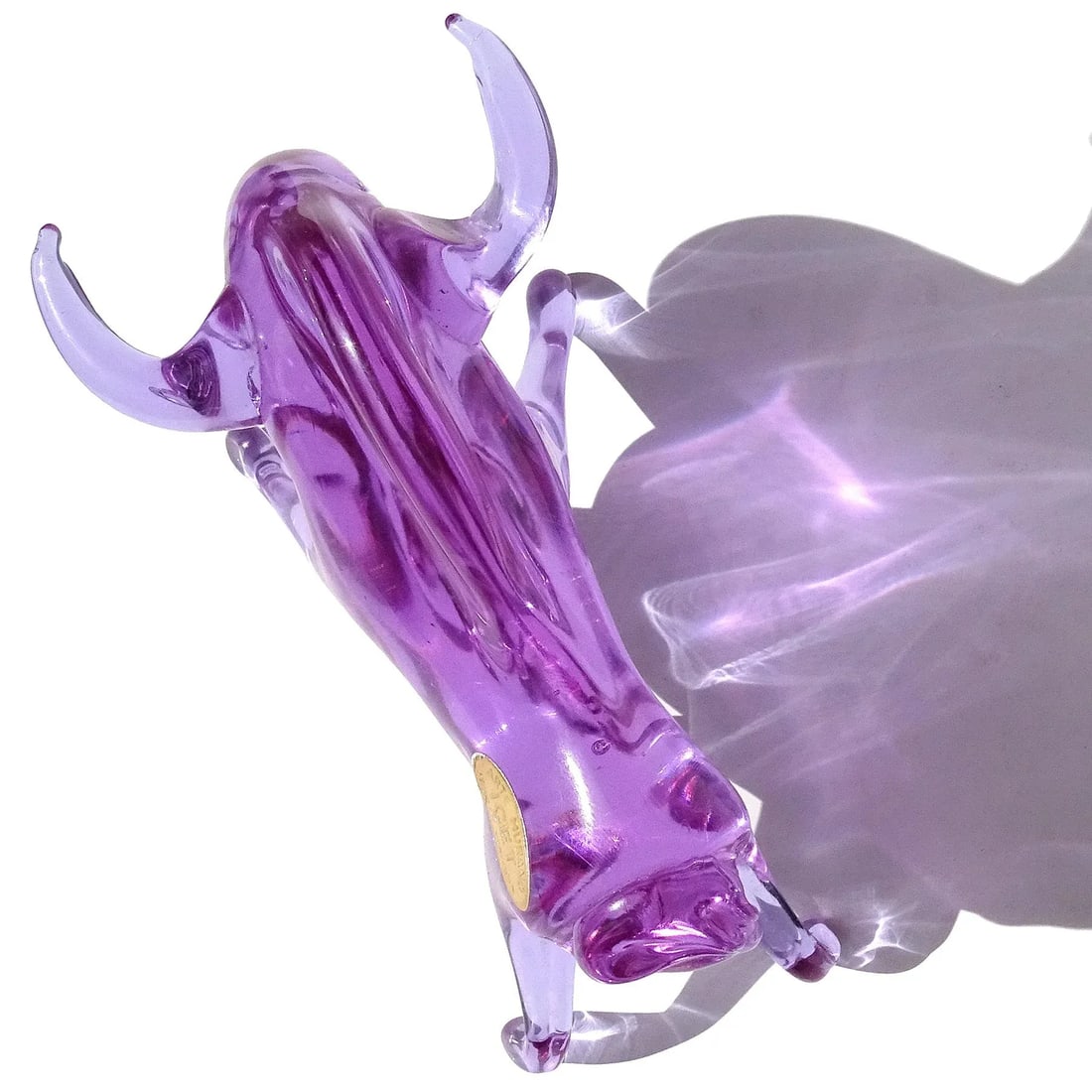 Icet Murano Vintage Sommerso Alexandrite Purple Blue Italian Art Glass Long Horn Bull Bison Figurine - 6