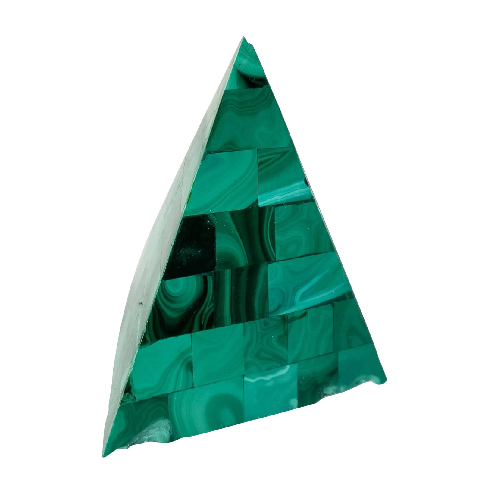 20th Century Decorative Malachite Stone Mineral Pyramid: We are selling this cool looking decorative late 20th century Malachite mineral stone pyramid made up of small pieces of malachite. Condition: Several damages to the malachite with some large damages