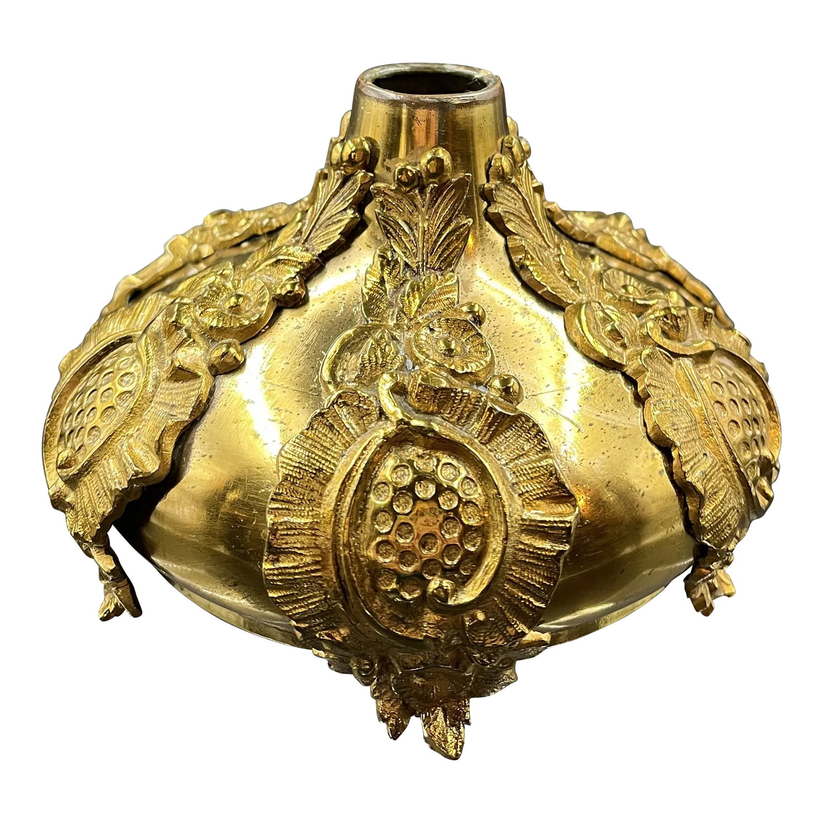 Antique French Solid Brass Candle Holder: Exquisite French candle holder from late 19th Century. Decorated with six (6) medallions that are screwed to the candle holder base. The bottom end of each medallion is turned up at the end to form