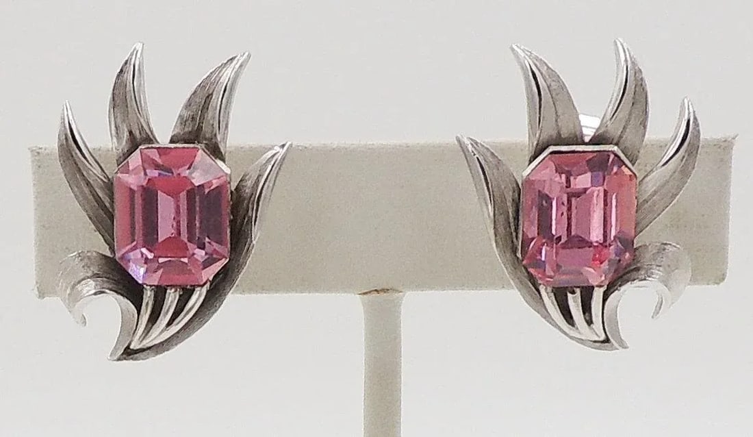 Vintage 1960s Signed Crown Trifari Faux-Pink Peridot Rhinestone Clip Earrings - 2 Pieces - 2