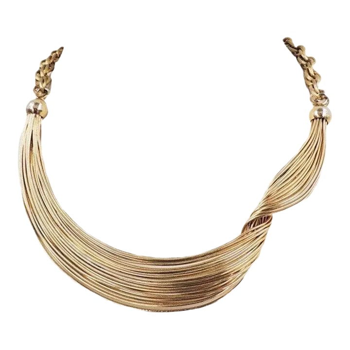 Vintage 1950s Napier Wire Wrap Collar Necklace: This is part of Chairish's Costume Jewelry assortment. Modernist goldtone wire wrap collar necklace with hook clasp. Marked on both the hook and the back of the necklace "Napier." Circa 1957 based on