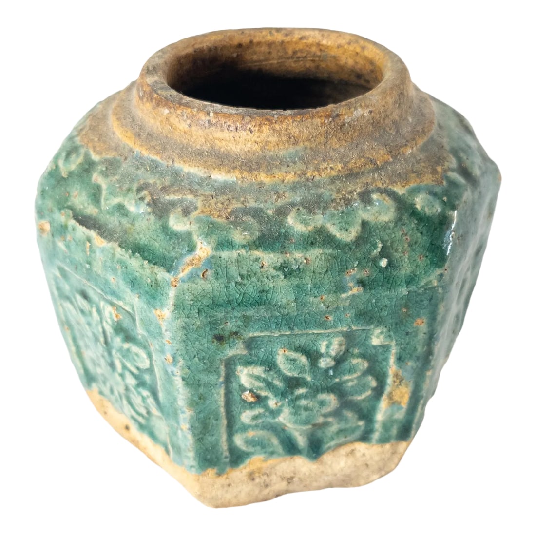 20th Century Chinese Chinoiserie Green Glazed Pottery Ginger Jar: We are selling this nice decorative green glazed pottery ginger jar with impressed decoration. This Chinese ginger jar dates to the mid 20th century. Condition: Good condition with expected wear on th