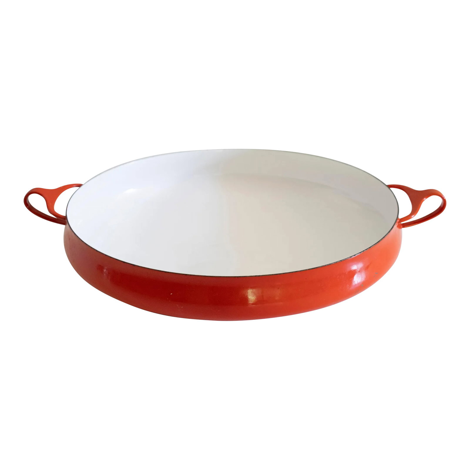 Vintage Dansk Paella Enamel Enamelware Kobenstyle Jens Quistgaard Ihq Pan: Vintage Dansk red paella enamel enamelware kobenstyle Jens Quistgaard pan in excellent condition. Red and white enamel. 13" diameter, 17" from handle to handle, 3" tall. Condition: Alterations: