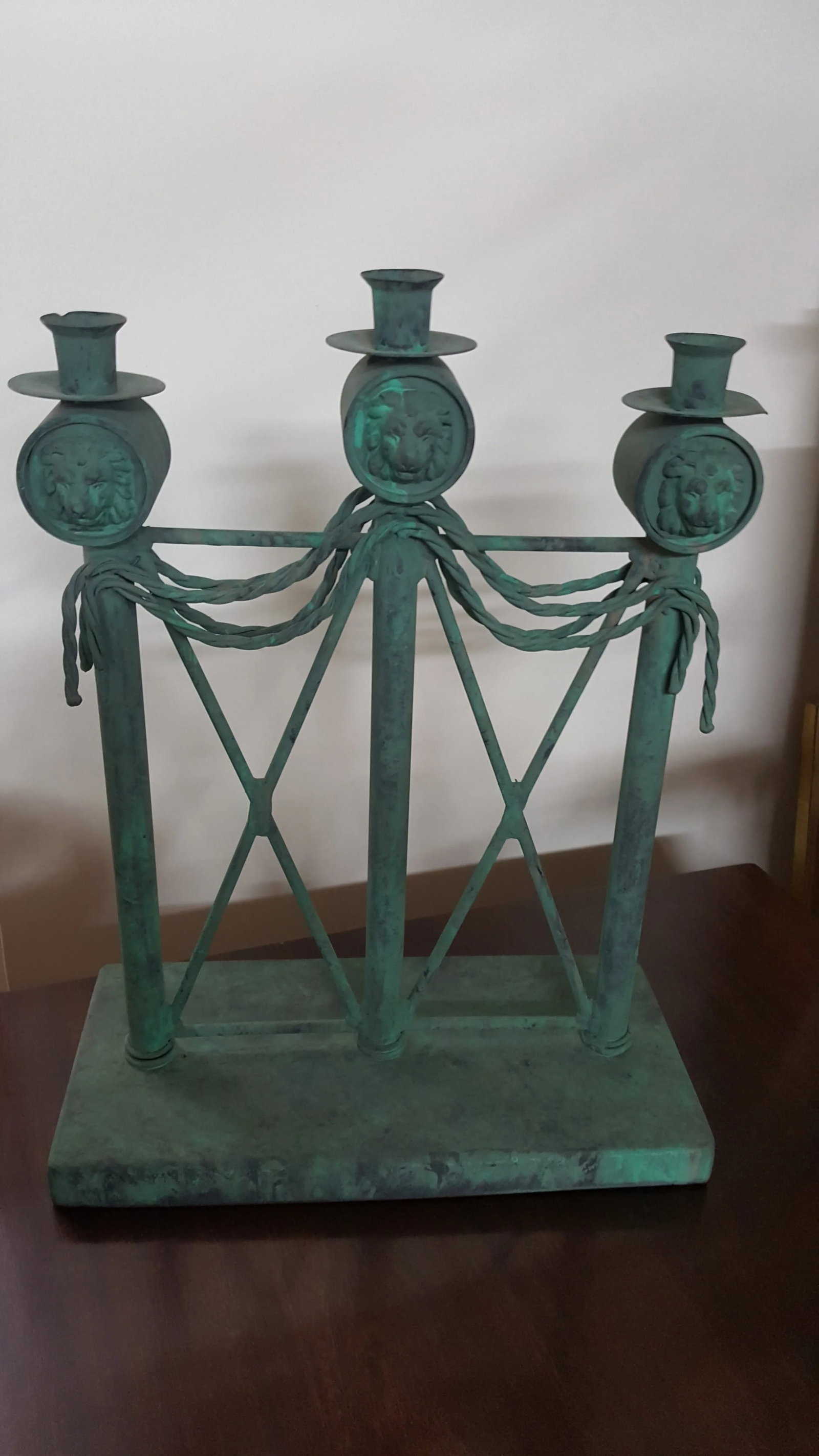 Lion Head Verdigris Patina Candle Holder by Guild Master - 12