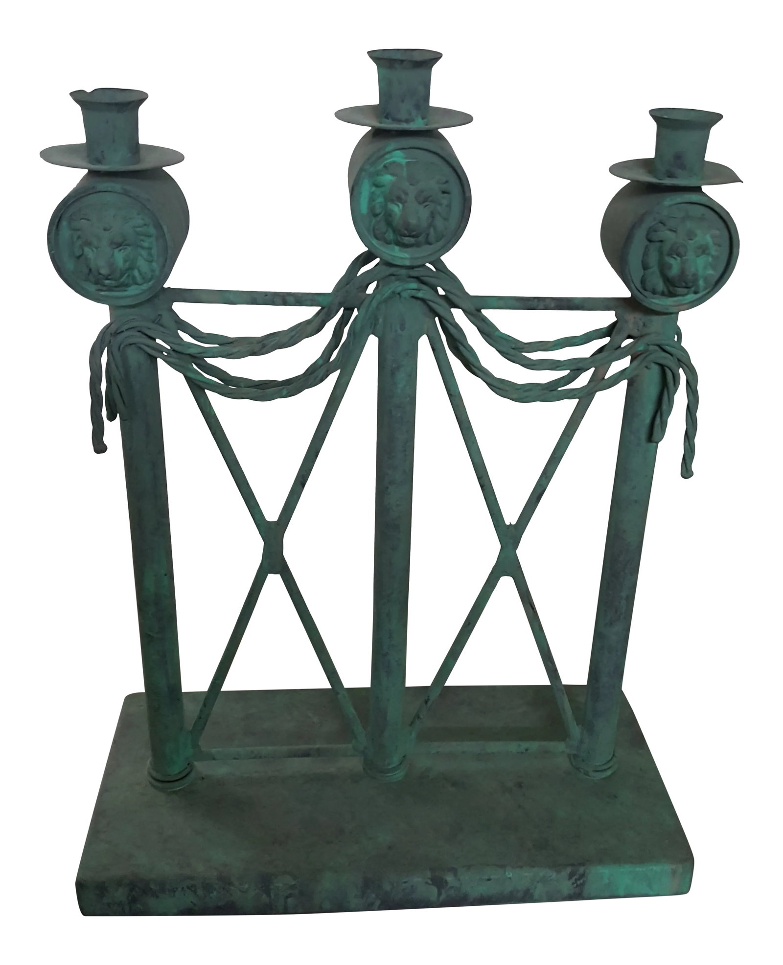 Lion Head Verdigris Patina Candle Holder by Guild Master: Guild Master Verdigris Lion Head Candle Holder Candelabra Relatively heavy item Originally Retailed for $350. Condition: Alterations: Original Condition Unaltered Imperfections: Some Imperfections