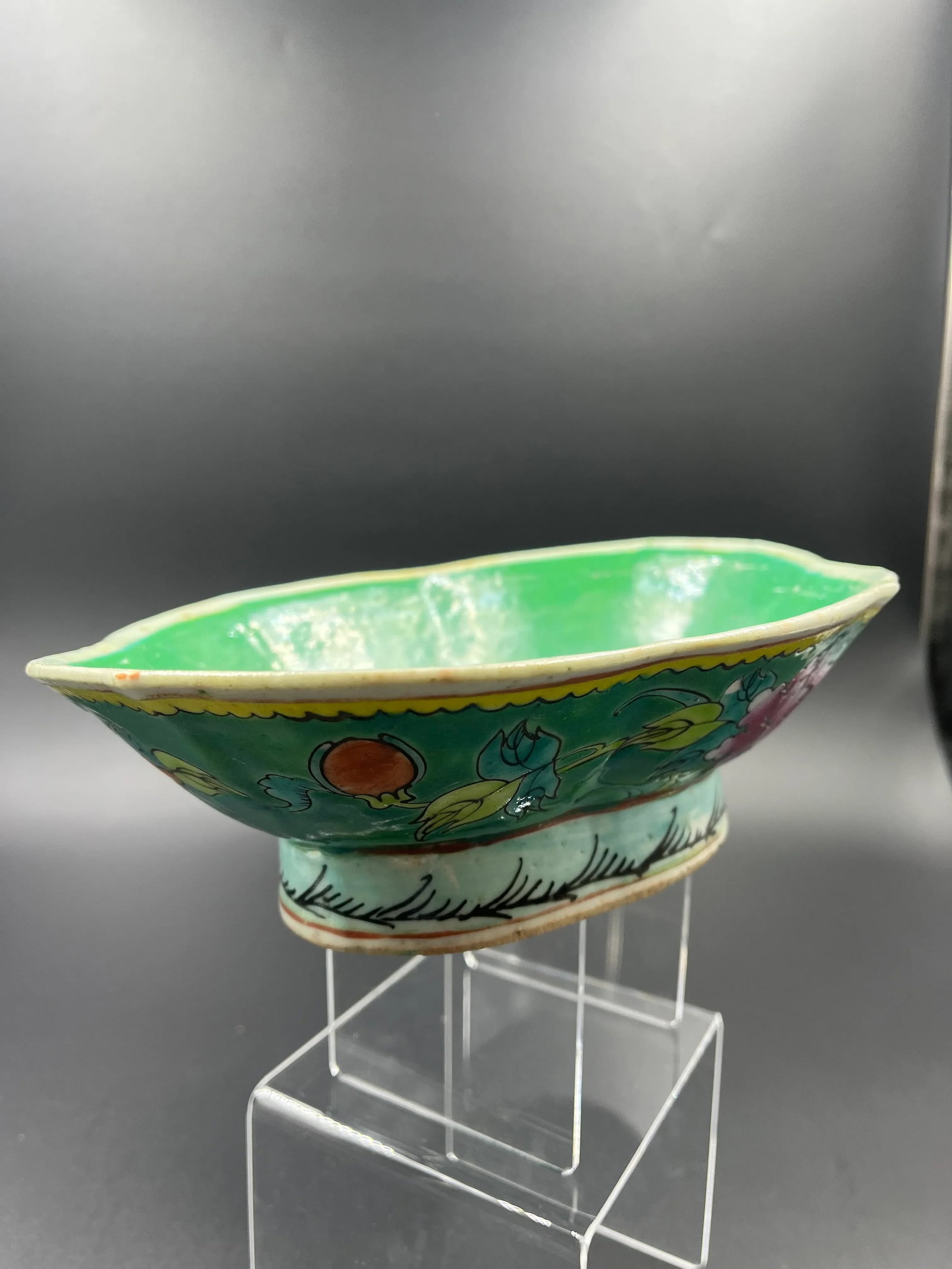 Vintage Chinese Large Pedestal Bowl - Green Bottom - 11