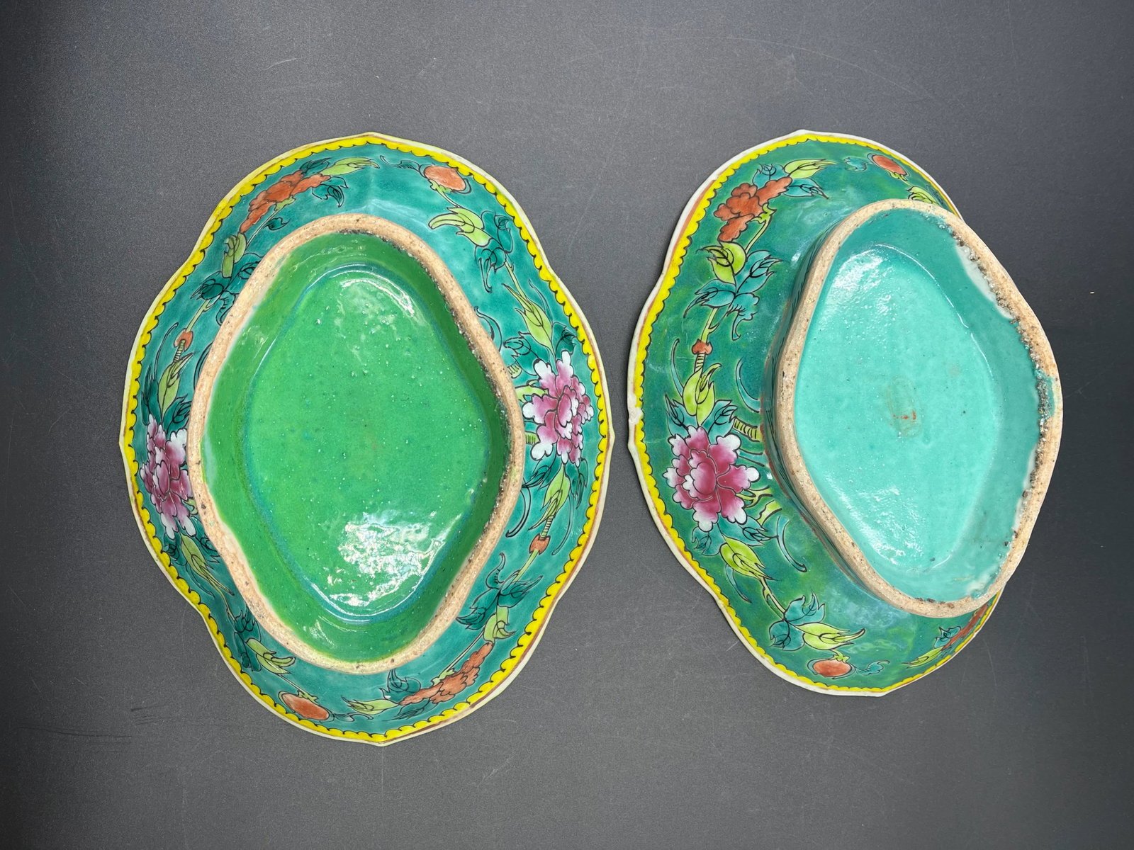 Vintage Chinese Large Pedestal Bowl - Green Bottom - 12