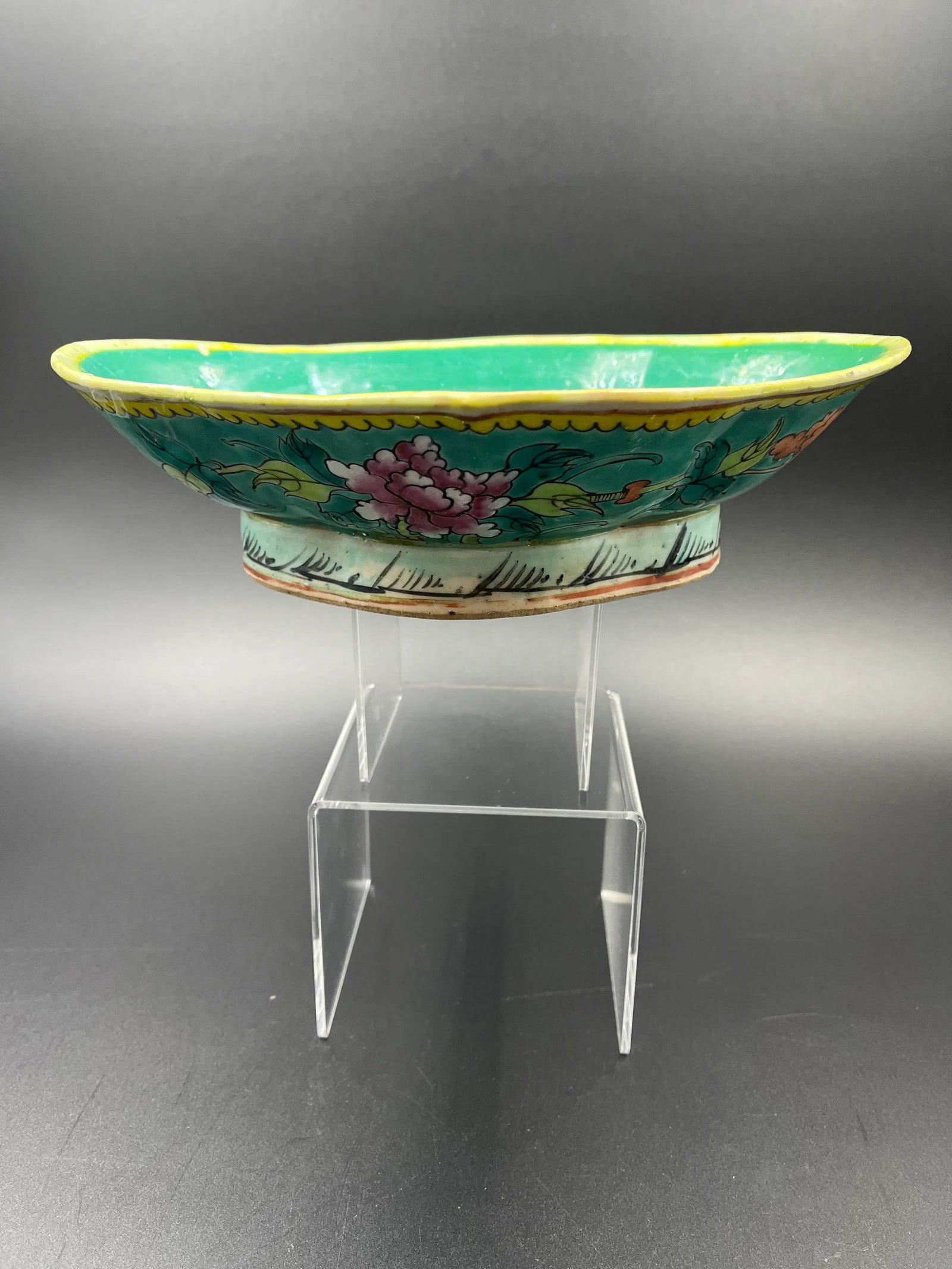 Vintage Chinese Large Pedestal Bowl - Green Bottom - 13