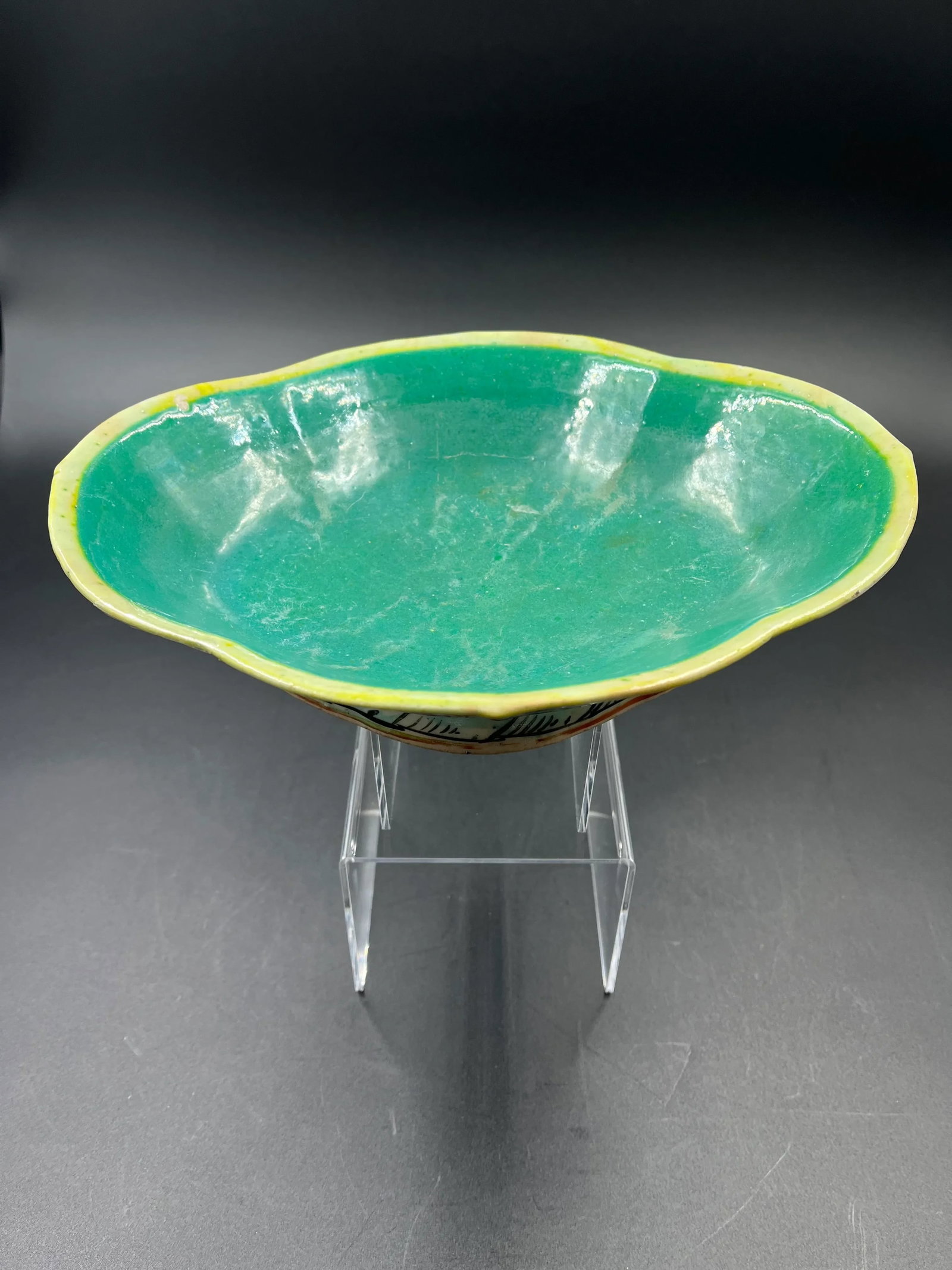 Vintage Chinese Large Pedestal Bowl - Green Bottom - 2