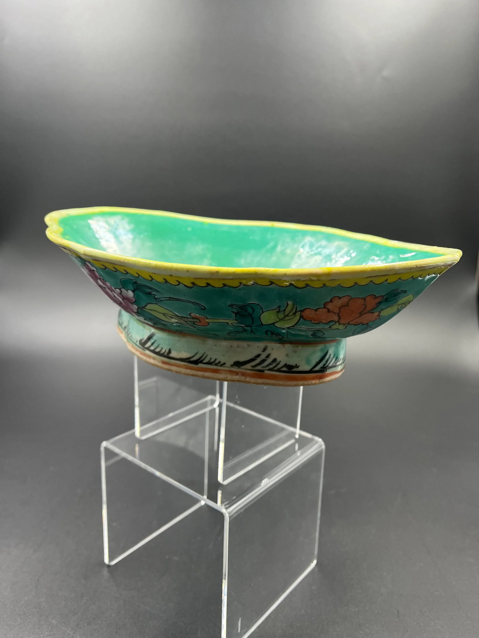 Vintage Chinese Large Pedestal Bowl - Green Bottom - 3
