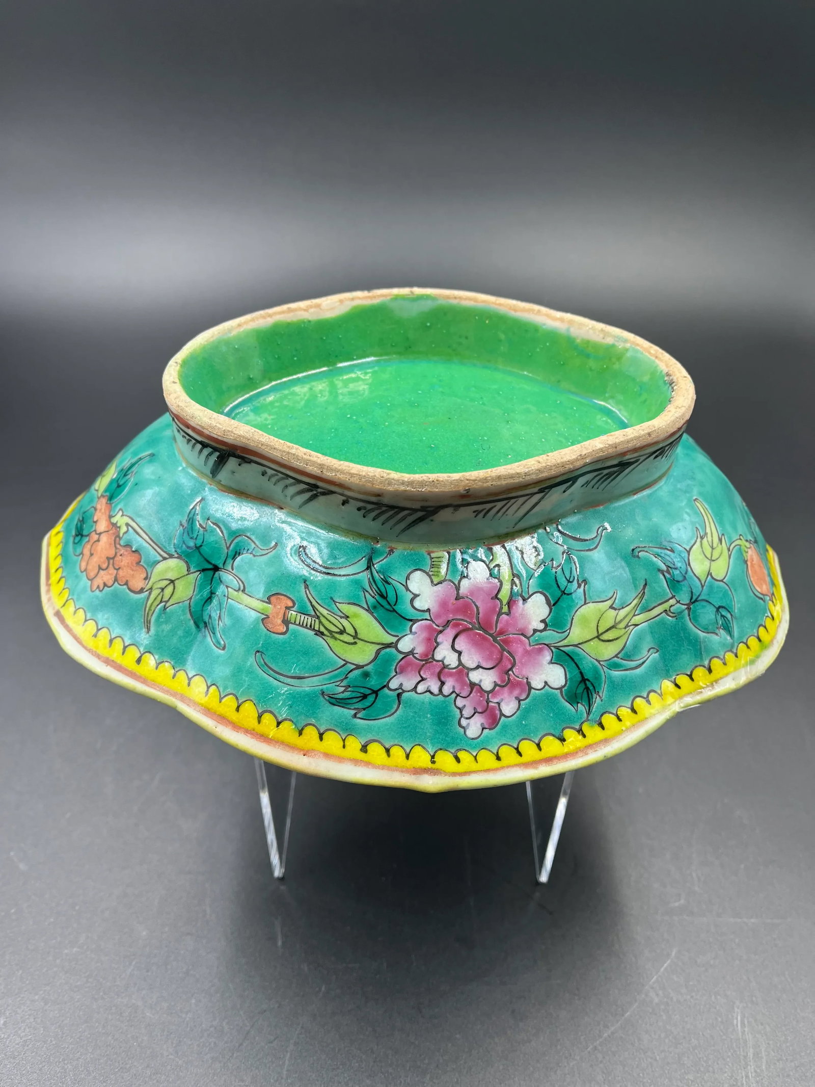 Vintage Chinese Large Pedestal Bowl - Green Bottom - 4