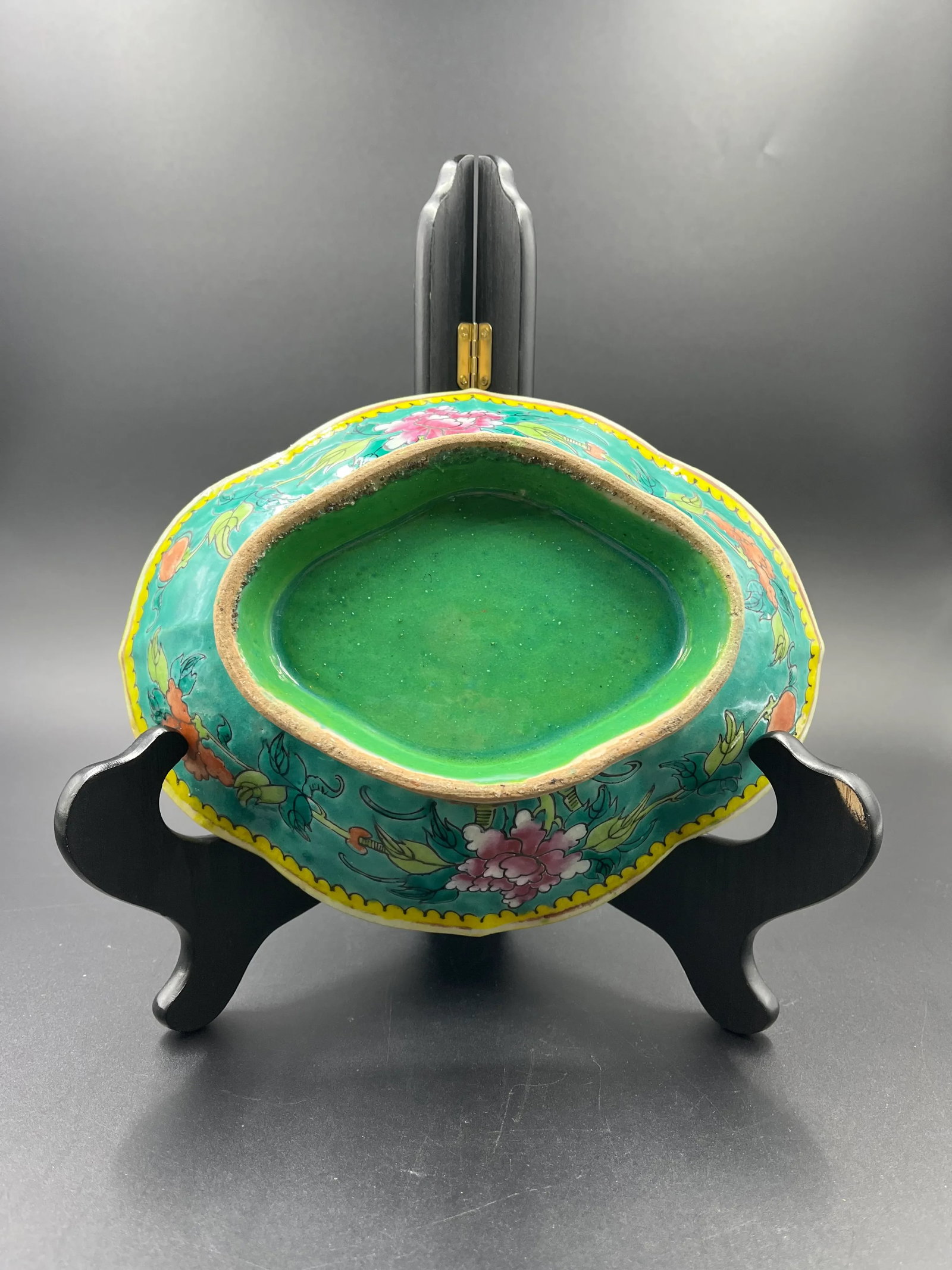 Vintage Chinese Large Pedestal Bowl - Green Bottom - 6