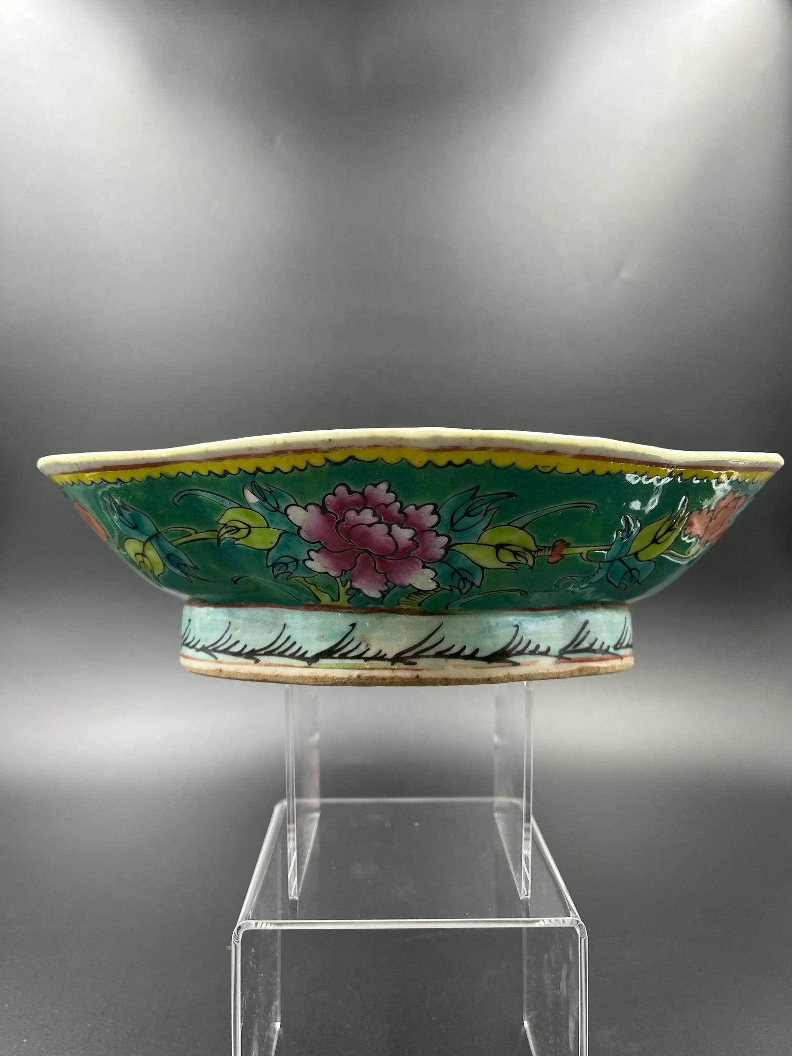 Vintage Chinese Large Pedestal Bowl - Green Bottom - 9