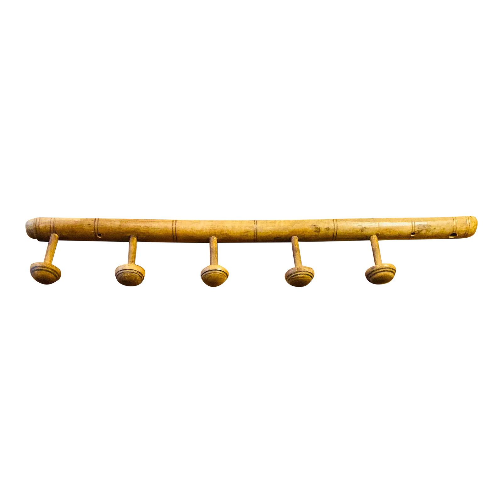 Large Antique Late 19th Century French Elm Wood Faux Bamboo Hanging Hat Rack: Excellent for use in mud room hats, scarves, or kitchen for towels, original patina. Turned wood pegs with mushroom tops , additional peg shown in last photo fits in missing peg space. ( has been give