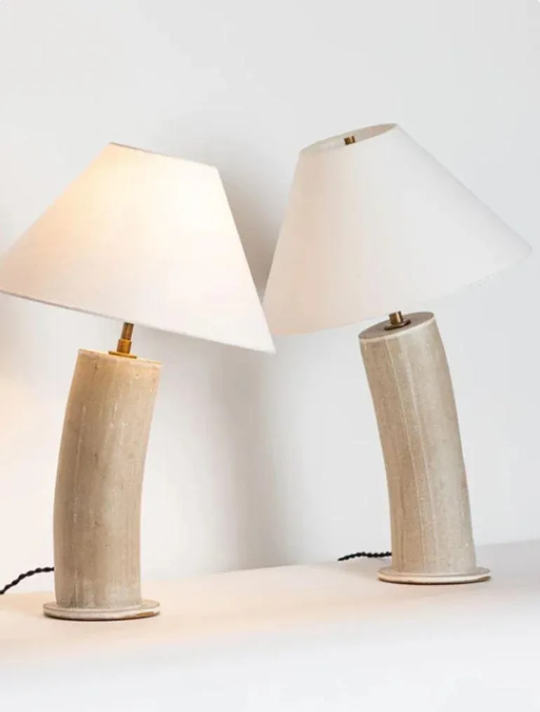 Pair Contemporary Stoneware Beige Glazed Ceramic Table / Desk Lamps, Parchment - 2