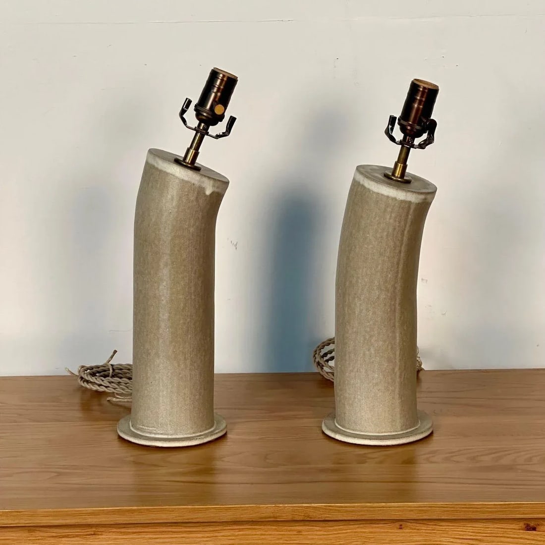 Pair Contemporary Stoneware Beige Glazed Ceramic Table / Desk Lamps, Parchment - 4