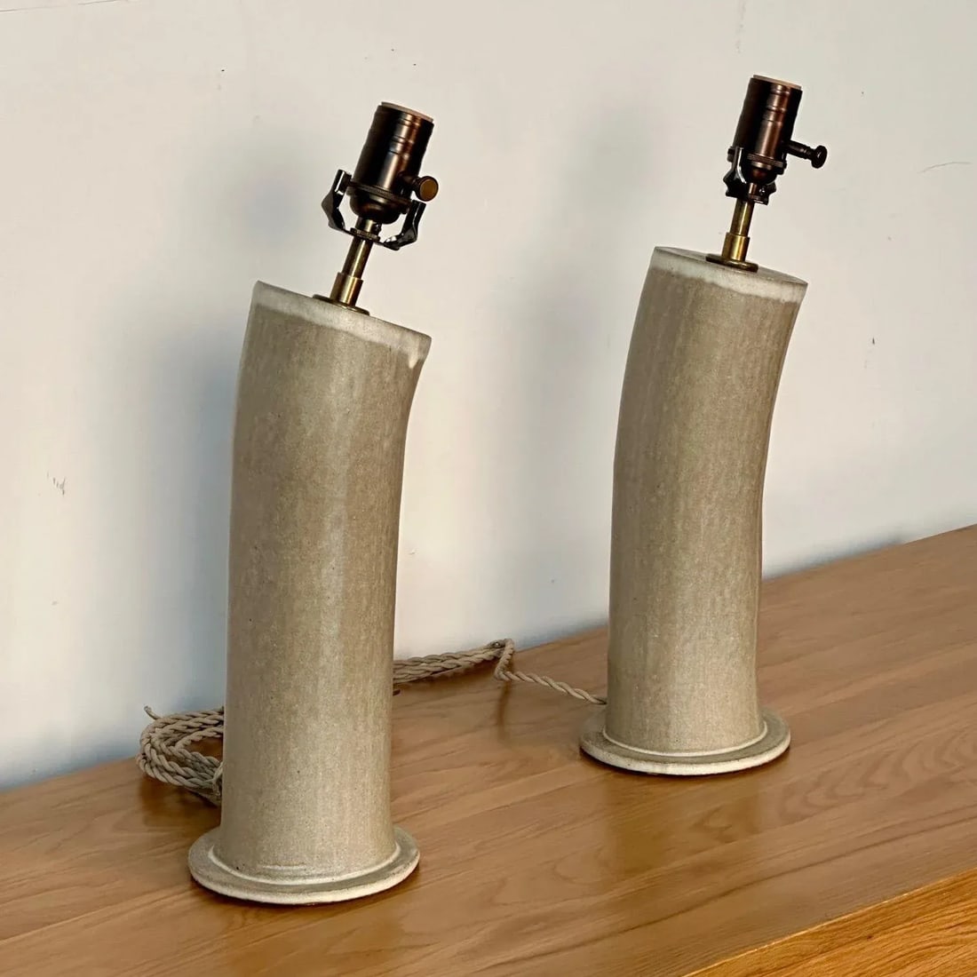 Pair Contemporary Stoneware Beige Glazed Ceramic Table / Desk Lamps, Parchment - 7