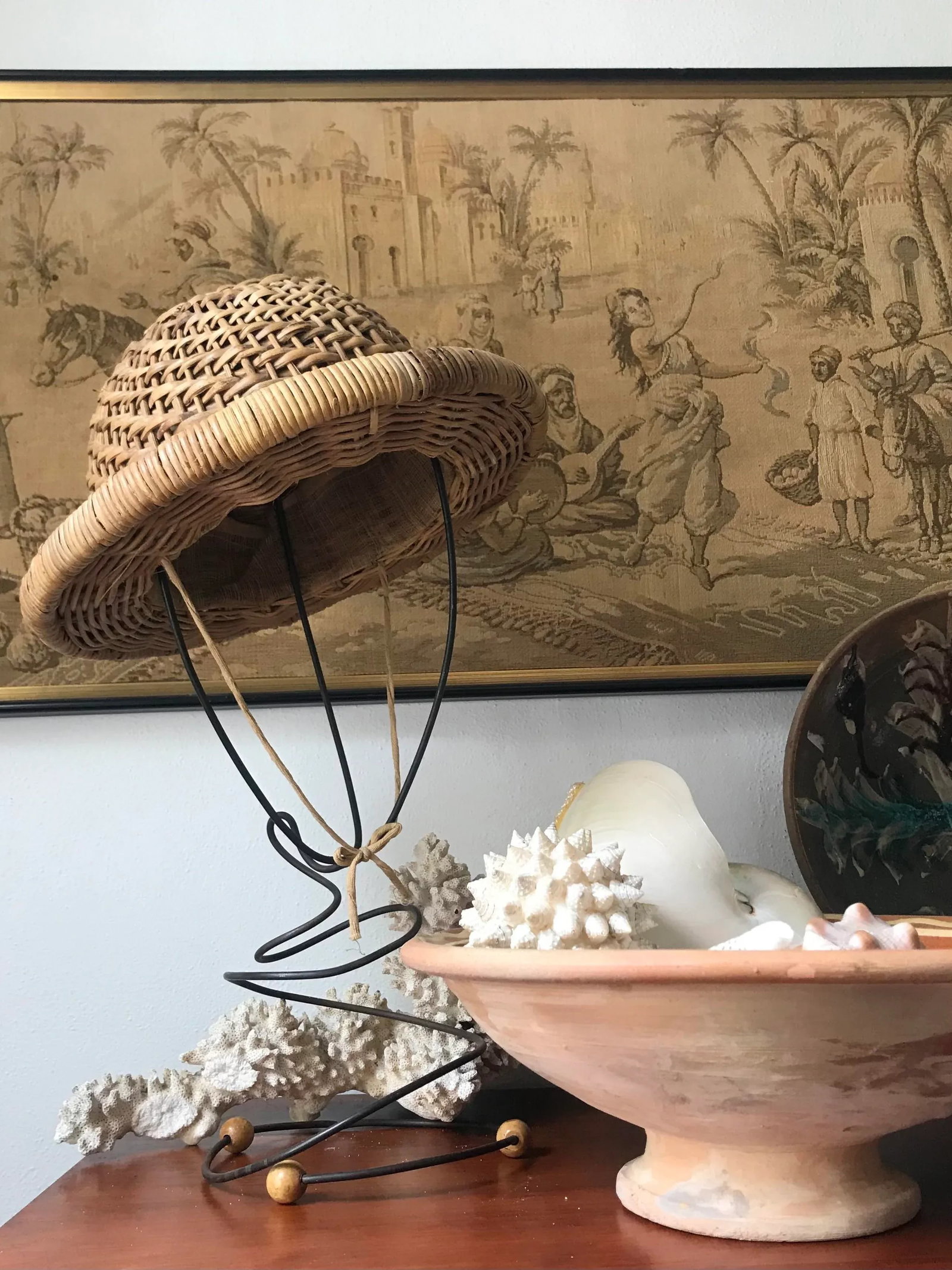 Antique Edwardian or Victorian Wicker Hat and Wire Stand - 3