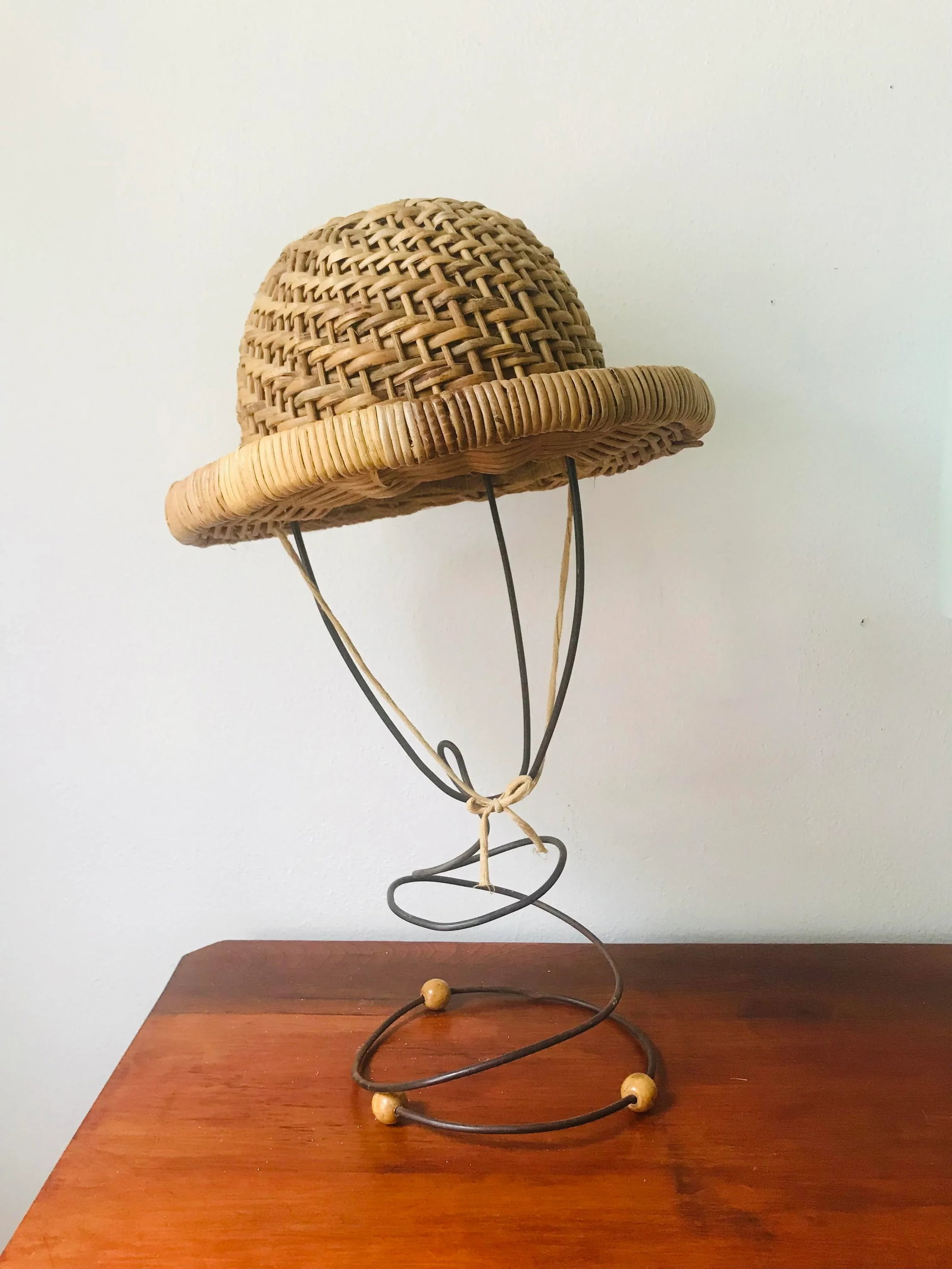 Antique Edwardian or Victorian Wicker Hat and Wire Stand - 8