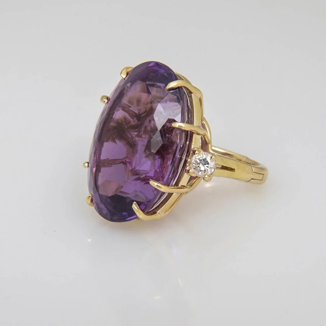 1970s Large Amethyst and Diamond Gold Cocktail Ring size 4 - 10