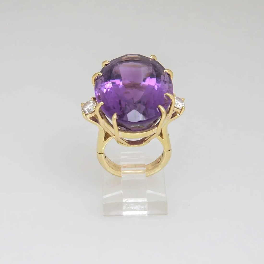 1970s Large Amethyst and Diamond Gold Cocktail Ring size 4 - 2
