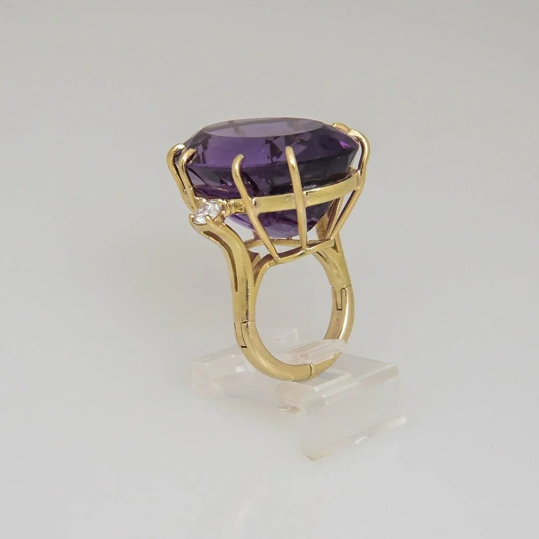 1970s Large Amethyst and Diamond Gold Cocktail Ring size 4 - 4