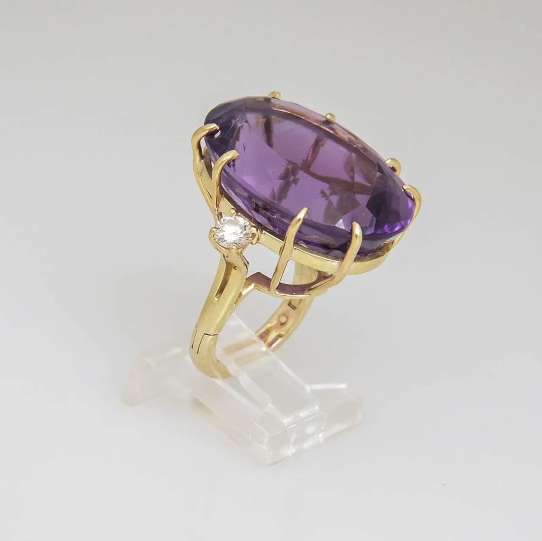 1970s Large Amethyst and Diamond Gold Cocktail Ring size 4 - 5