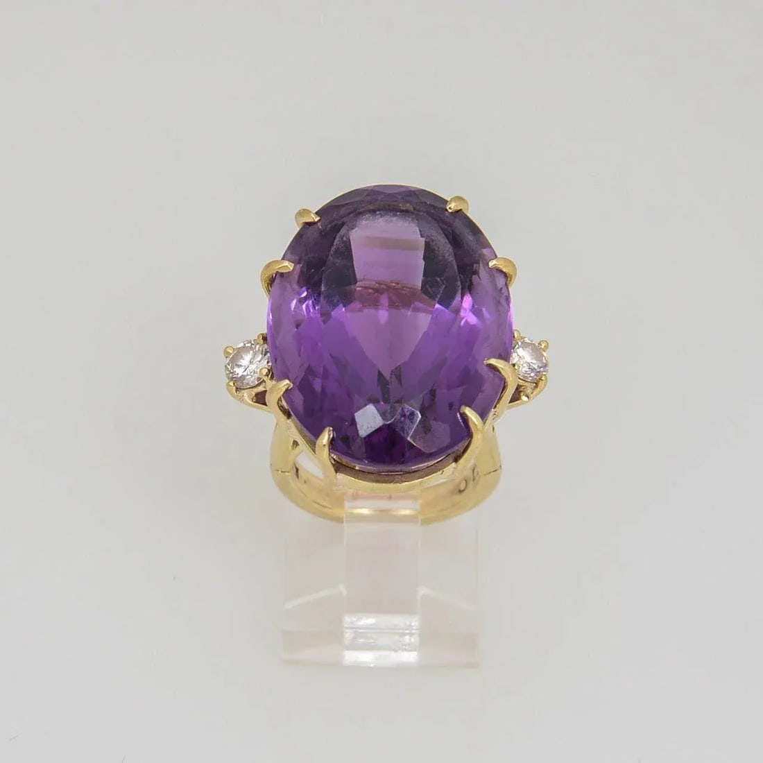 1970s Large Amethyst and Diamond Gold Cocktail Ring size 4 - 6