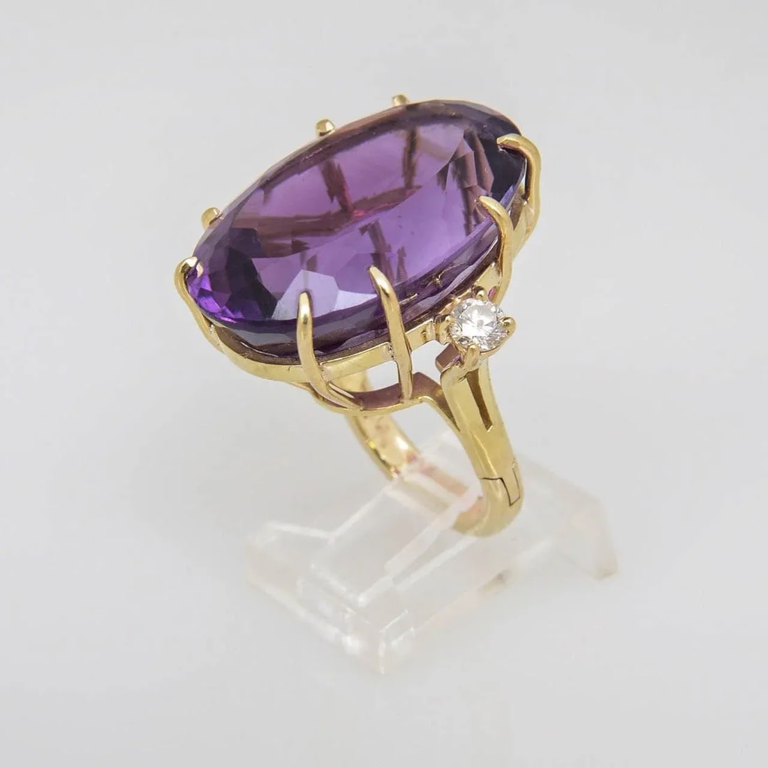 1970s Large Amethyst and Diamond Gold Cocktail Ring size 4 - 7