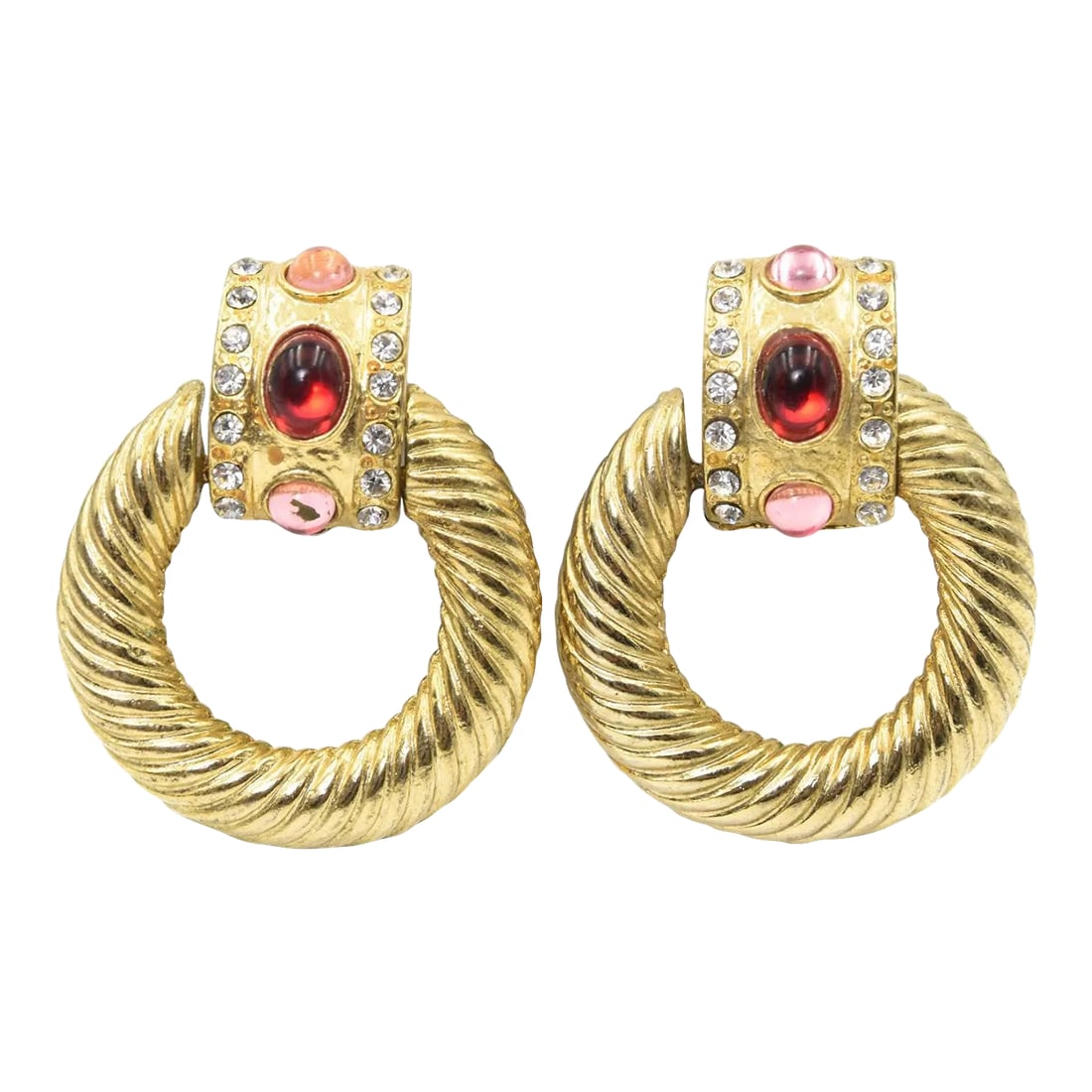 1980s Large Gold Plated Red Pink Clear Rhinestone Door Knocker Clip On Earrings - 2 Pieces: Givenchy style 1980s door knocker clip on earrings made of gold plated metal with glass stones that resemble diamonds, rubies and pink tourmaline. The Backs have a clip-on so no pierced ears needed.