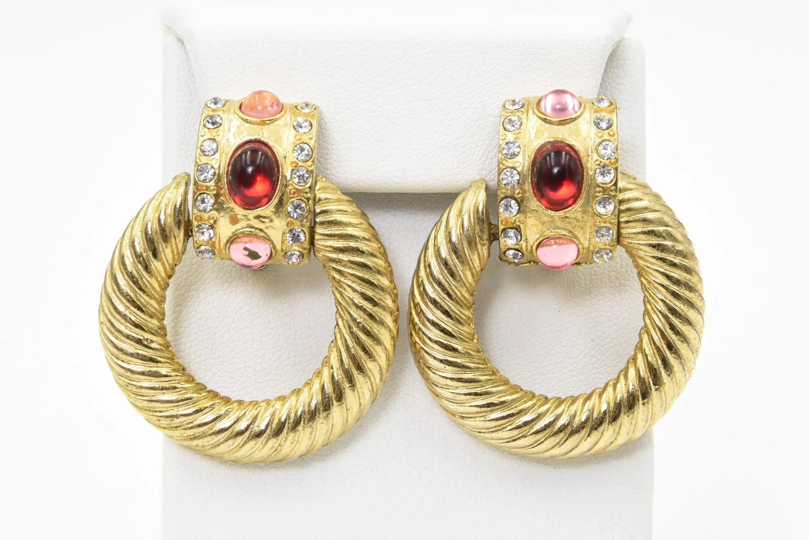 1980s Large Gold Plated Red Pink Clear Rhinestone Door Knocker Clip On Earrings - 2 Pieces - 2