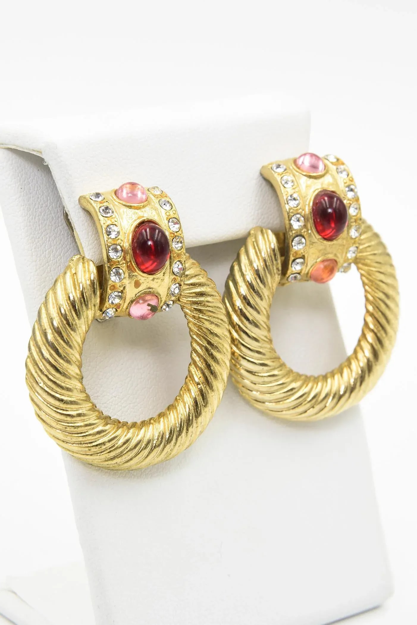 1980s Large Gold Plated Red Pink Clear Rhinestone Door Knocker Clip On Earrings - 2 Pieces - 3