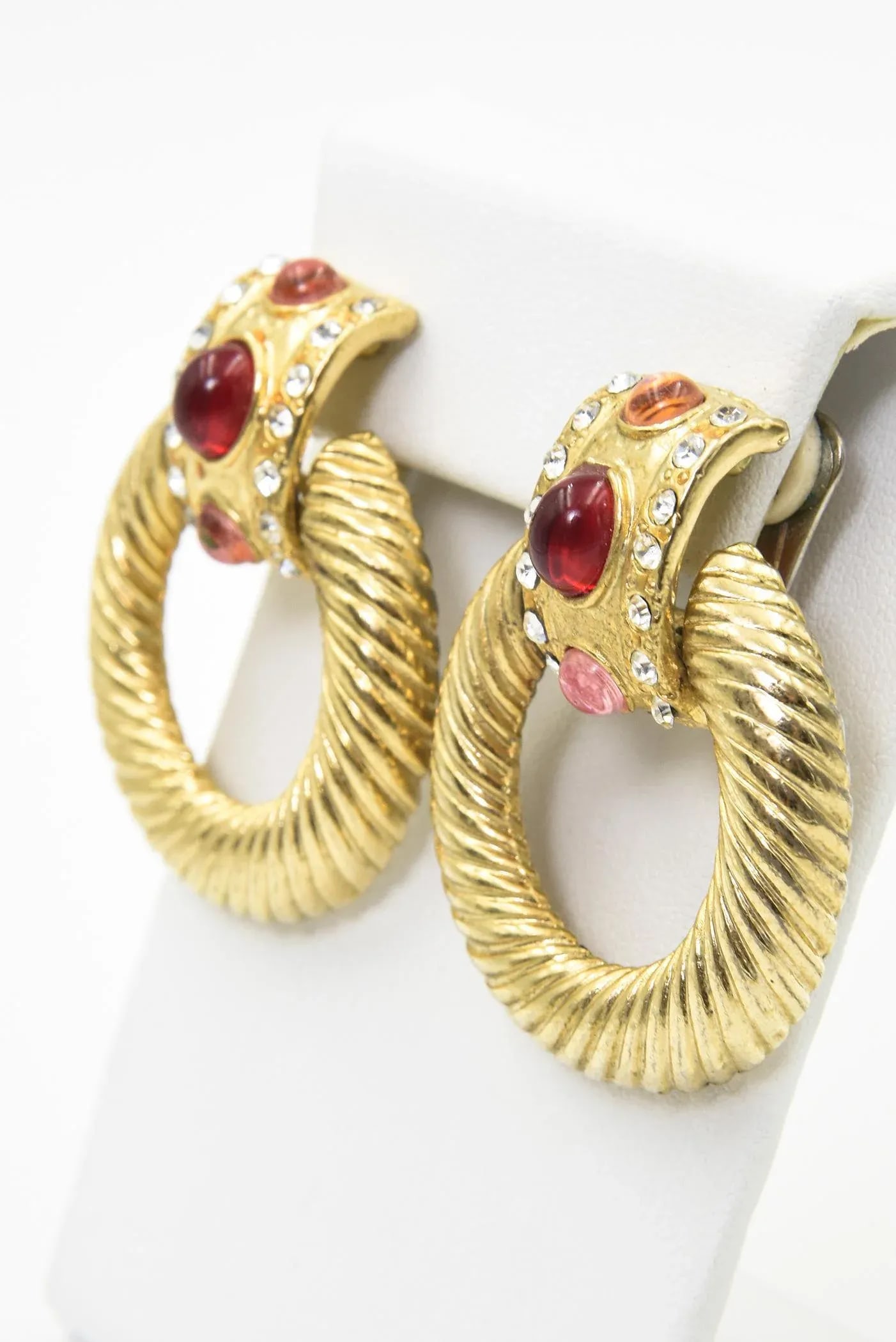 1980s Large Gold Plated Red Pink Clear Rhinestone Door Knocker Clip On Earrings - 2 Pieces - 4