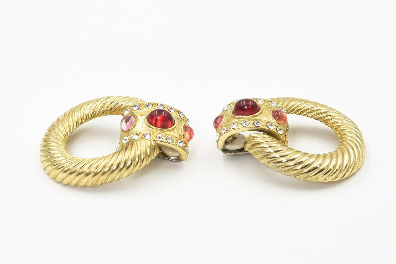 1980s Large Gold Plated Red Pink Clear Rhinestone Door Knocker Clip On Earrings - 2 Pieces - 5