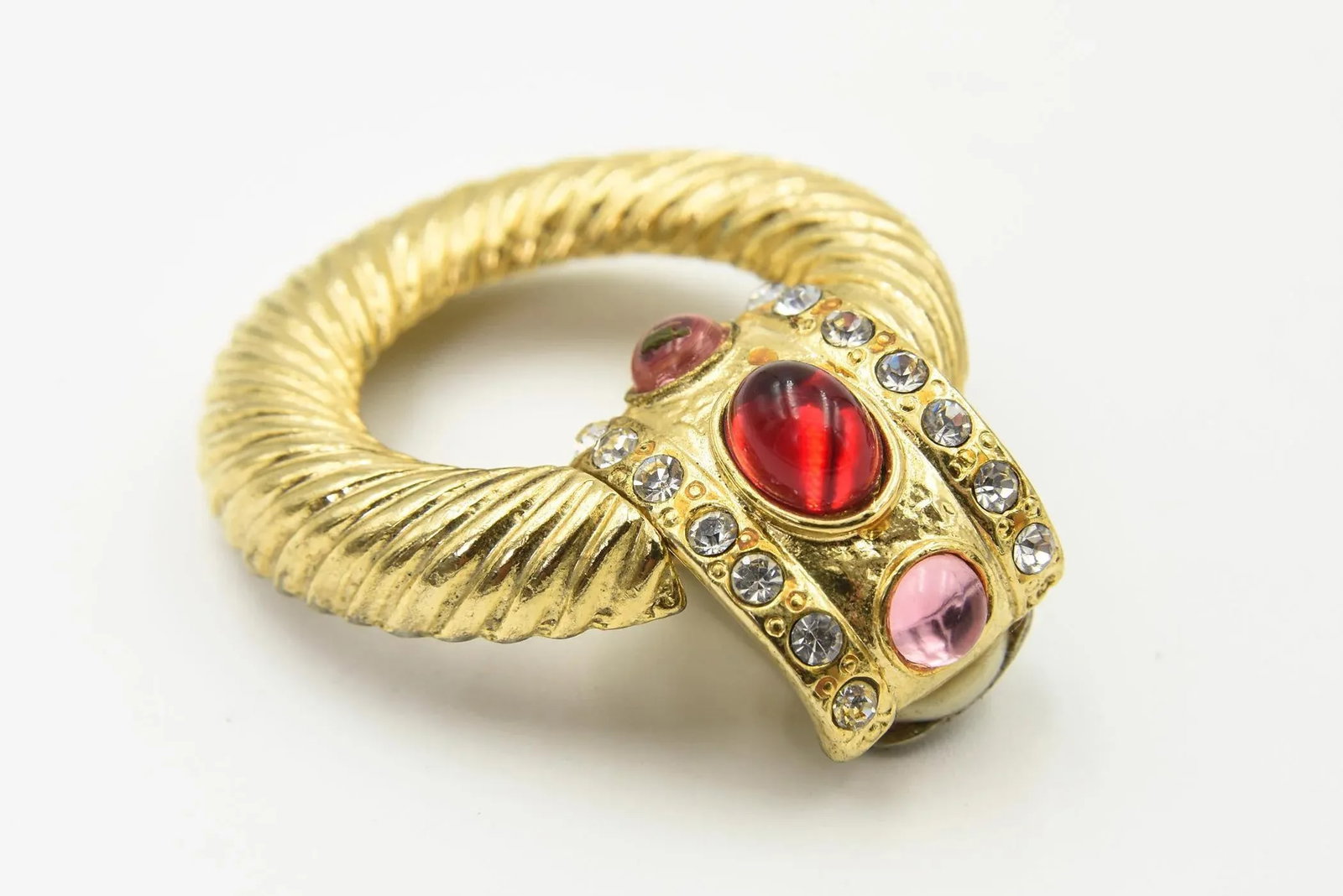 1980s Large Gold Plated Red Pink Clear Rhinestone Door Knocker Clip On Earrings - 2 Pieces - 6