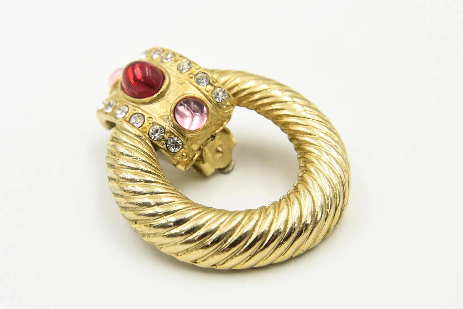 1980s Large Gold Plated Red Pink Clear Rhinestone Door Knocker Clip On Earrings - 2 Pieces - 7