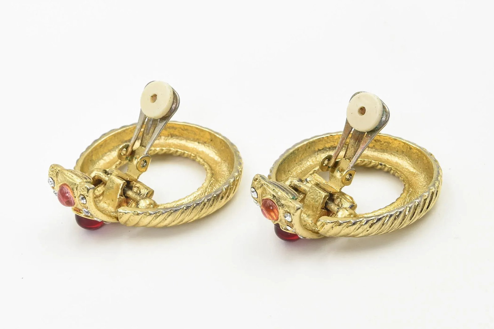1980s Large Gold Plated Red Pink Clear Rhinestone Door Knocker Clip On Earrings - 2 Pieces - 8
