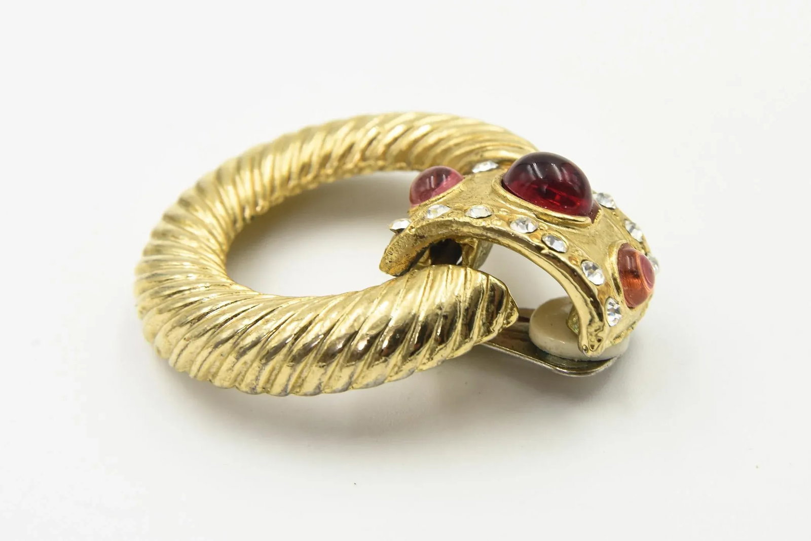 1980s Large Gold Plated Red Pink Clear Rhinestone Door Knocker Clip On Earrings - 2 Pieces - 9