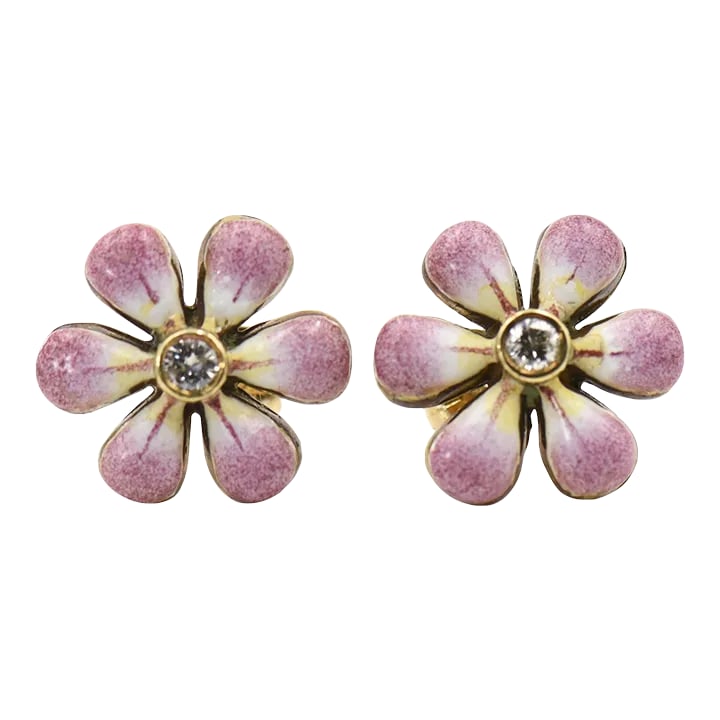 Pink Enamel Daisy Flower Diamond Gold Earrings by Sandra J. Sensations - 2 Pieces: This pair of pink enamel daisy earrings are part of the daisy line, a beautiful handmade line of jewelry by Sandra J. Sensations. Each flower is hand painted by an enamel artist. The flowers are 14k